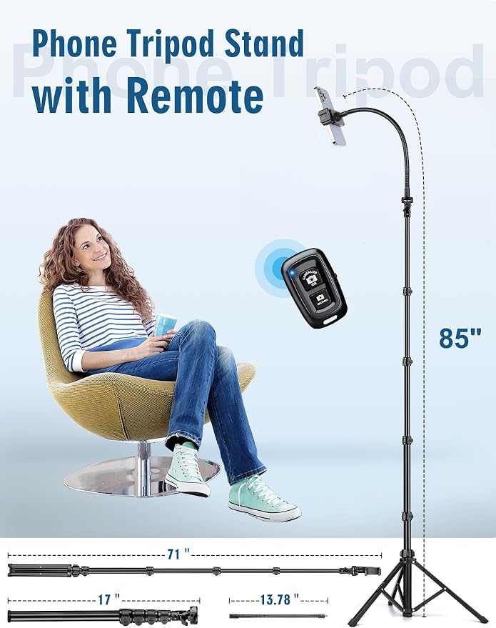 Phone Tripod, 85" Tripod for Cell Phone iPhone with Gooseneck | Aluminum Tripod Stand for Video Recording Photo Vlog, Travel Cellphone Tripod with Remote Compatible with iPhone Android - Image 3
