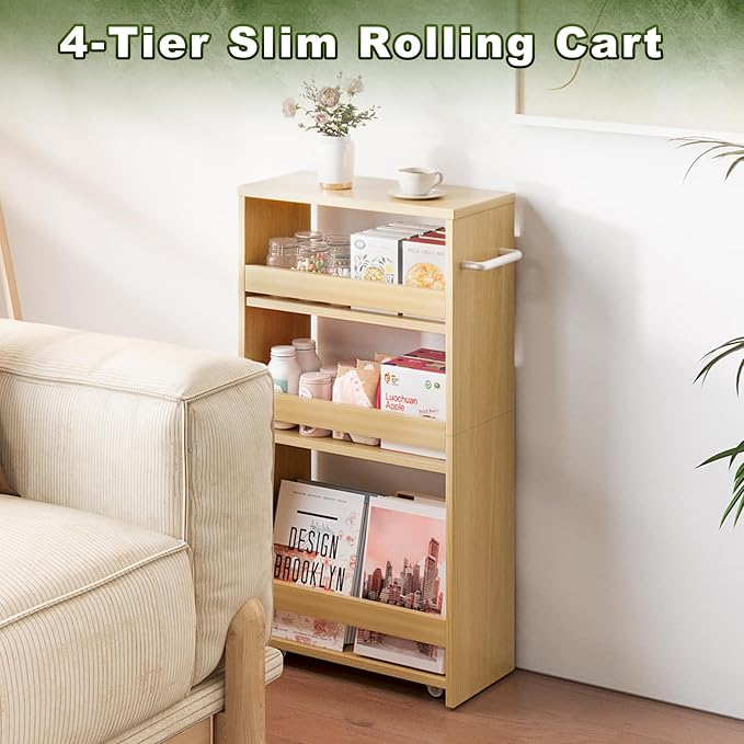 MARTY Slim Rolling Storage Cart, Wood Utility Kitchen Bathroom Laundry Cart | 4 Tier Kitchen Cart with Wheels Handle, Laundry Room Organization Between Washer and Dryer, Narrow Storage Cabinet, 8” Wide - Image 6