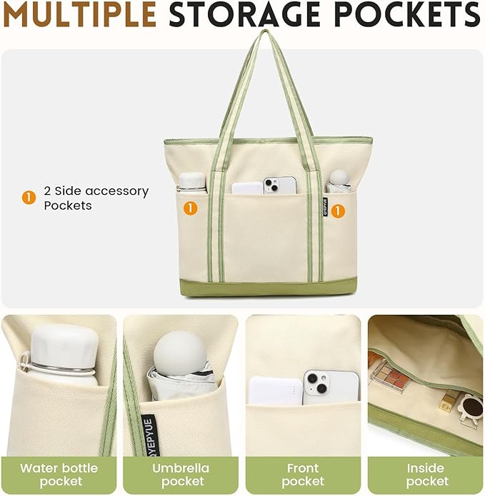 Large Canvas Tote Bag for Women, Beach Bag with Zipper, Utility Tote Bag with 3 Front Pockets, Weekender Pool Bag - Image 4