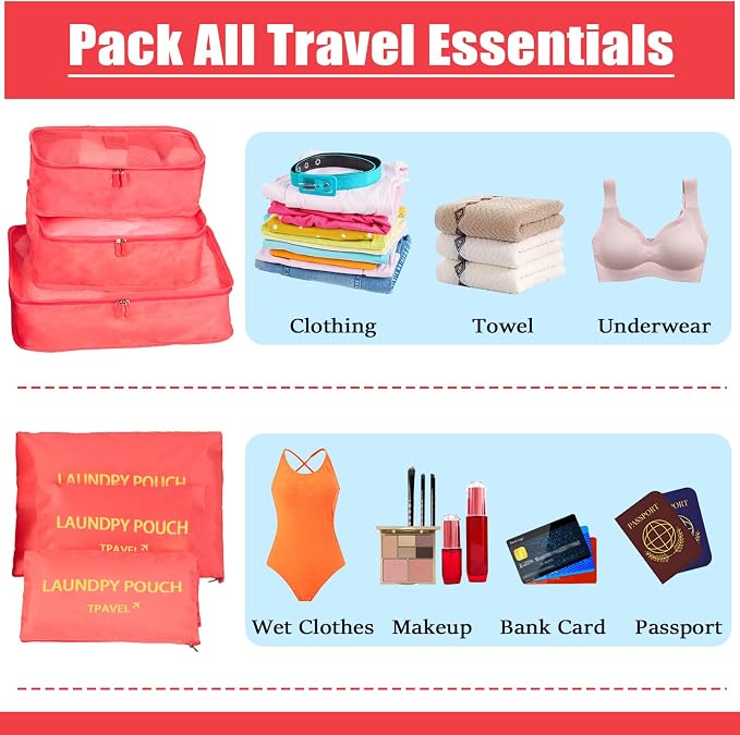 6 Set Packing Cubes for Travel Luggage Organizer Bags Reusable washable Suitcase Packing Cubes Set Travel Accessories Essentials (Watermelon Red‌) - Image 5