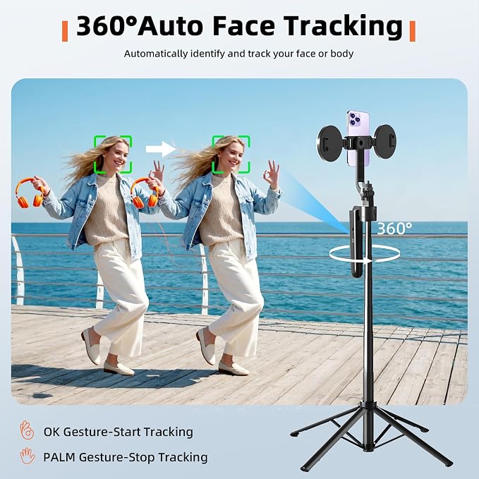 Auto Face Tracking Selfie Stick Tripod for iPhone with Light 360 Rotation that Follows Your Movement 70.9" Camera Tripod Stand with Remote for Content Creator Vlog Live Stream Video Recording - Image 3