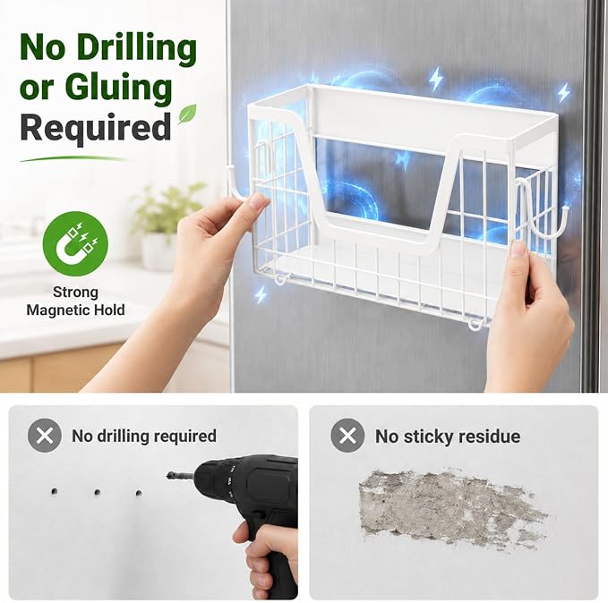 UFORU Magnetic Shelf for Fridge, Strong Magnet Storage Rack for Kitchen | 2 Pack Set, Holds Up to 30 lbs, Spacious Hollow Basket Design, Upgraded Material, Durable Construction, Space-Saving Storage - Image 3