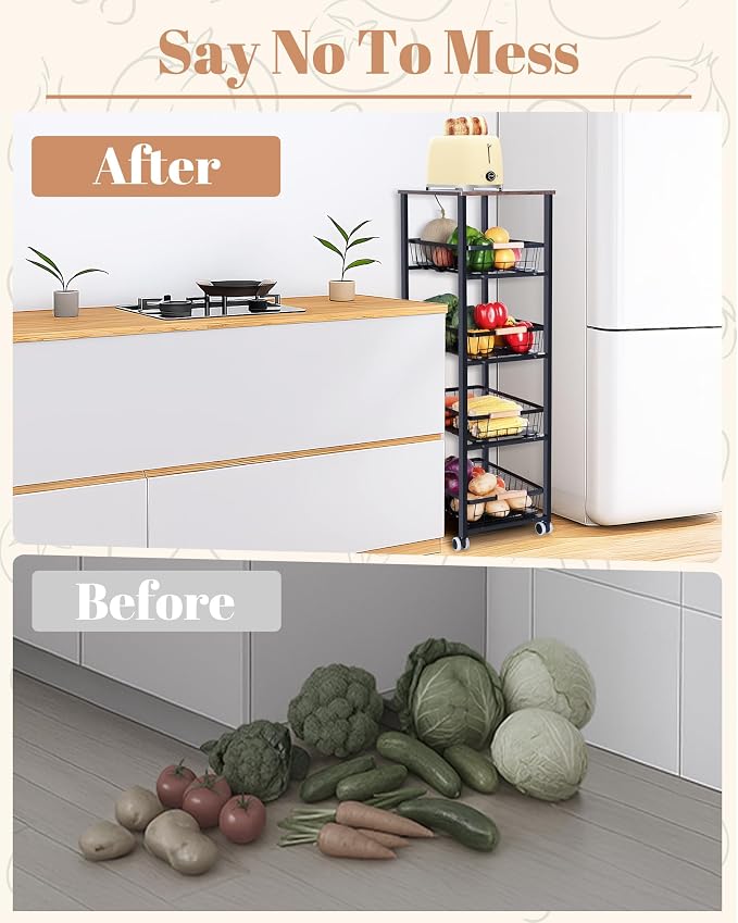 Mythinglogic 5-Tier Rolling Fruit Vegetable Storage Cart with Pull-Out Baskets, Metal Kitchen Organizer, Heavy Duty Utility Rack with Wheels for Pantry, Living Room, Kitchen - Image 6