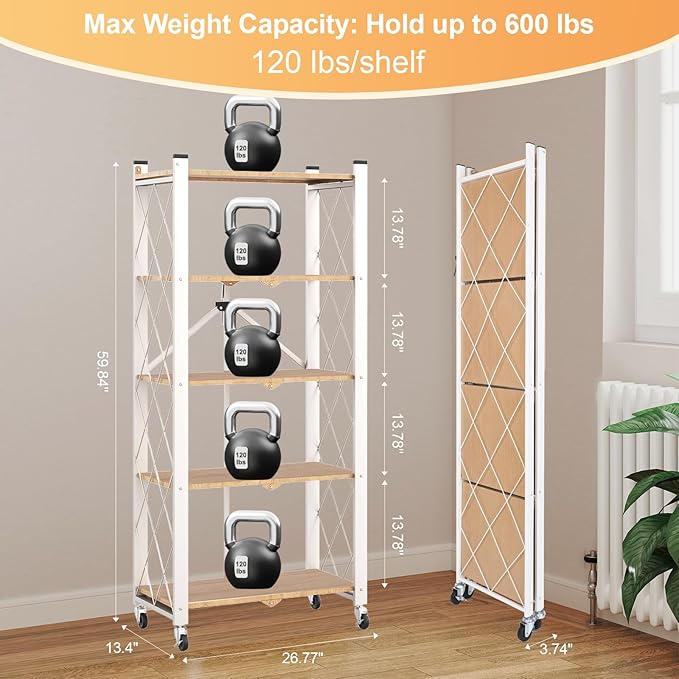 5-Tier Foldable Storage Shelves with Wheels Wood Grain Transfer | Portable Structure, Suitable For Kitchen, Bedroom, Living Room, Bathroom, Garage, 59*26*13in - Image 3