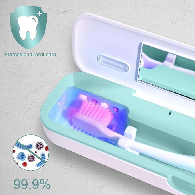UV Toothbrush Sanitizer and Holder, Portable Travel Case and Cover, Toothbrush Cleaner Powered by AA Battery or USB-C, Fits Most Brushes - Image 2