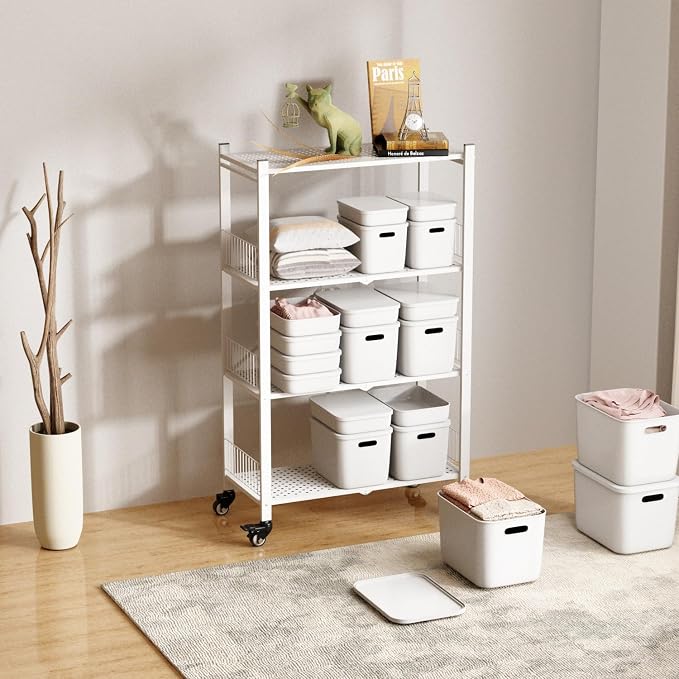Folding Storage Shelves No Assembly, 4 Tier Foldable Storage Shelves with Wheels, Rolling Collapsible Rack for Pantry Laundry Room Kitchen, White - Image 6