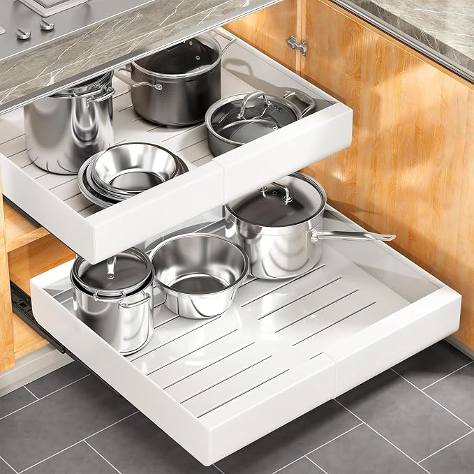 Kitstorack Pull out Cabinet Organizer, Expandable(12"-20") Heavy Duty Slide out Drawers Fixed with Adhesive Nano Film for Pots, Roll out Shelf Storage for Kitchen Base Cabinet Organization(White) by Kitstorack