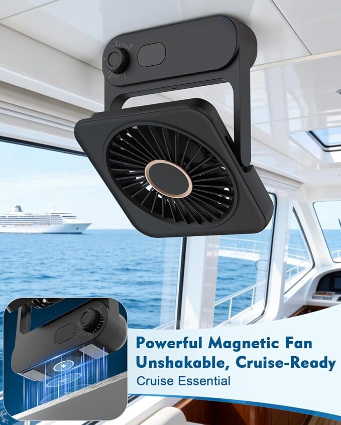 Magnetic Cruise Desk Mini Fan, 4000mAh Ultra-Slim Travel Fan Rechargeable, 0-100 Speeds, 150° Adjustable Portable Fan for Ship Cabin, Bedroom Sleeping, Camping, Travel & Cruise Essentials 2026, Black - Image 2