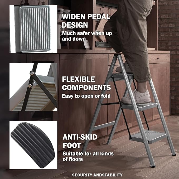 3 Step Ladder, Steel Folding Step Stool with 330lbs Heavy Duty | Anti-Slip Wide Pedal | 1.9" Slim Fold | Ideal for Kitchen Cabinets, Closet Organizing, Pantry Shelves & Plant Display - Image 6