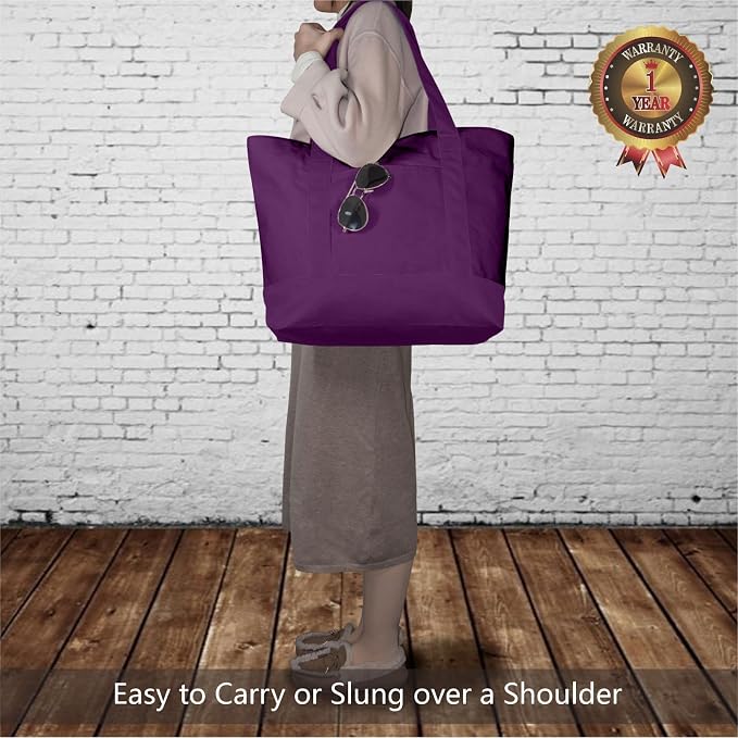 TOPDesign 3-Pack Canvas Tote Bags with an External Pocket, Reusable Grocery Shopping Bags, Top Zipper Closure, Daily Essentials (Purple) - Image 2
