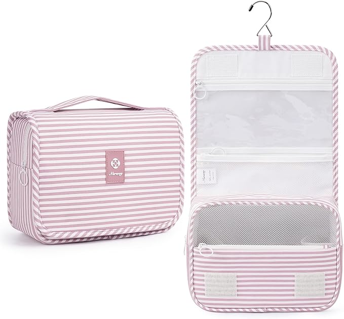 Narwey Small Hanging Toiletry Bag for Travel Women Girl, Striped Toiletries Travel Bag with Hook, Hanging Makeup Bag Organizer Make Up Cosmetic Bags, Gifts for Kids Teen (Dusty Pink Stripe) by Narwey