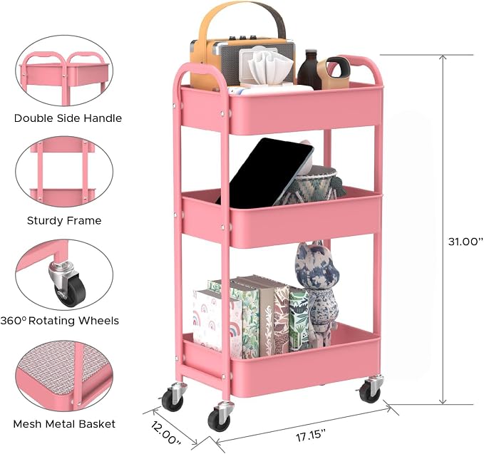 MAX Houser 3-Tier Rolling Utility Cart with Caster Wheels,Easy Assembly, for Kitchen, Bathroom (Pink) | Easy Assembly, multi-purpose storage trolley for kitchen, rolling cart with smooth caster wheels for bathroom - Image 2