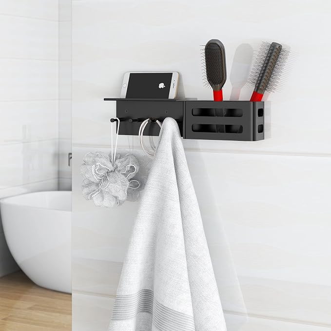 MKO Key Holder Wall Mount, Adhesive Key Hanger with 4 Hooks for Wall, Black | Metal Material, Key Rack with Shelf, Wall Mount, Mail Organizer Tray, Suitable for Entryway, Hallway, Living Room - Image 6