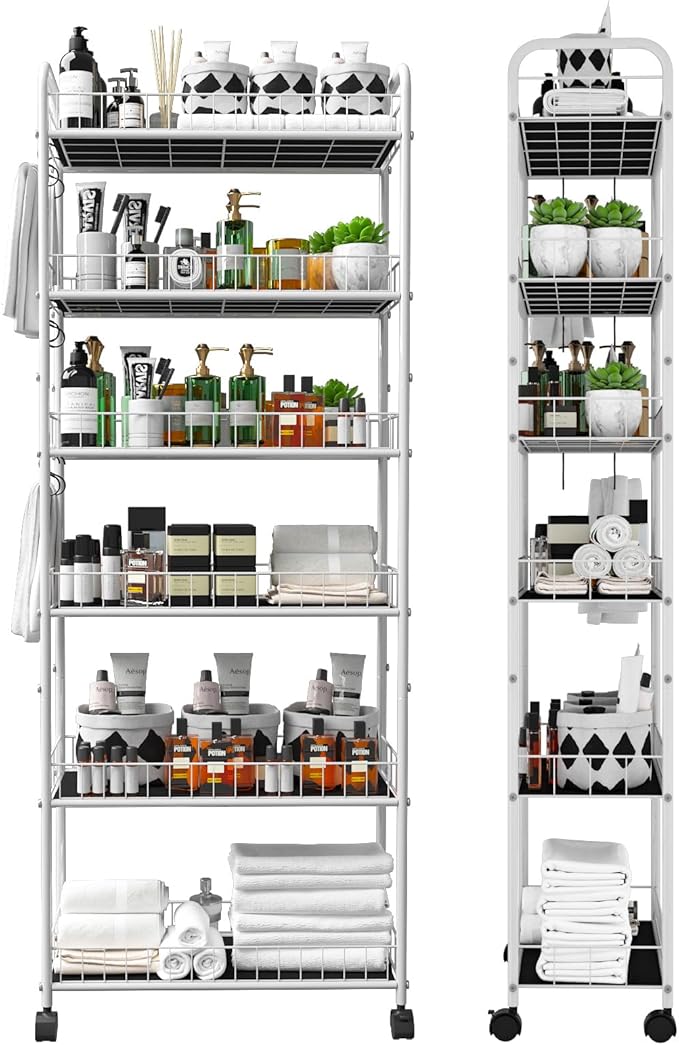 10in 6 Tier Slim Storage Cart with Wheels,White Narrow Space Rolling Shelving Unit, Metal Wire Mobile Organizer Rack for Kitchen Bathroom Office Laundry by Seadasyoon