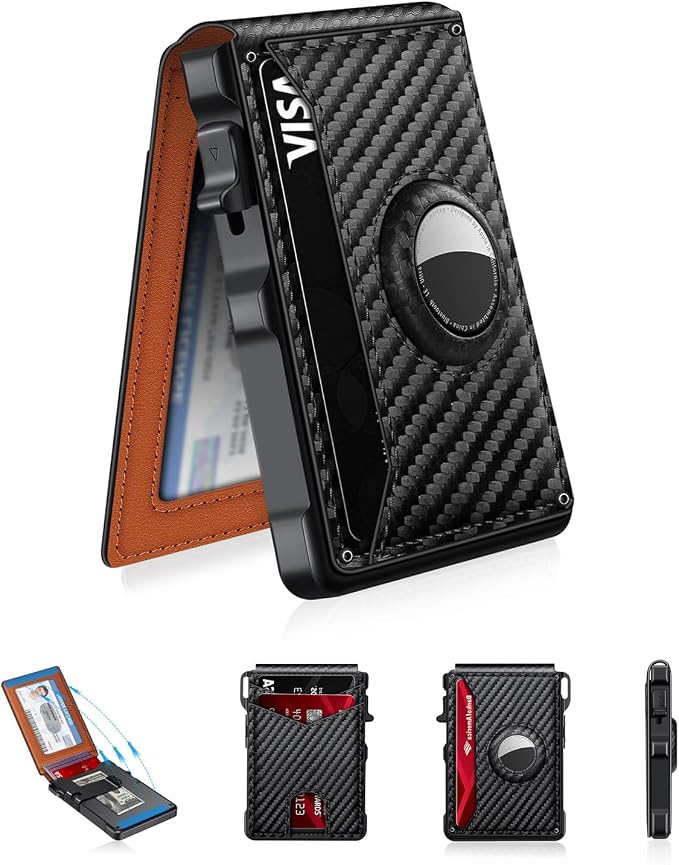 Airtag Wallet for Men, Mens Smart Wallet for Air Tag RFID Blocking, Minimalist Bifold Pop Up Aluminum Credit Card Case Holder 12+ Cards with ID Window, Gift for Men, No Airtag Included (Carbon Orange) by KIKVES