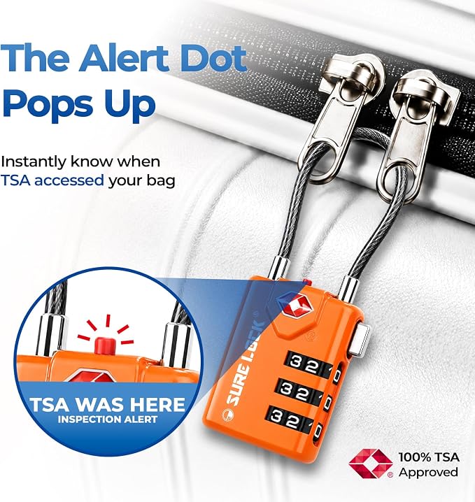 SURE LOCK TSA Approved Combination Luggage Locks with Open Alert Indicator – Durable Zinc Alloy Cable Travel Locks with Large Easy-Read Dials for Suitcases, Backpacks & Gym Bags Orange 4 Pack - Image 4