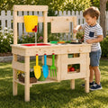 Kids Wooden Mud Kitchen Outdoor Playset, Solid Wood Backyard Pretend Kitchen with Working Faucet, Sink, Cutting Board, Planting Cups, Toy Cookware, Magnetic Cabinet Door and Storage Shelf by Unknown