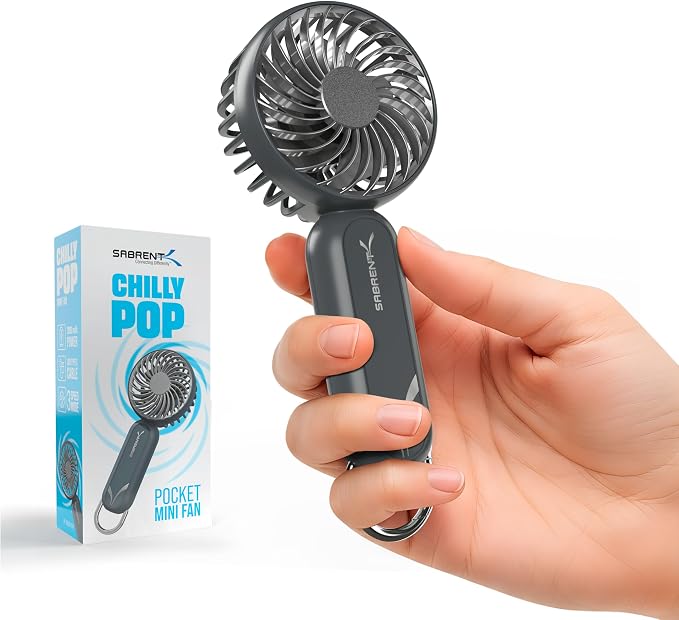 SABRENT ChillyPop Mini Rechargeable Personal Fan, USB-C, Grey | Lightweight quiet cooling; rechargeable USB-C; pocket-sized; travel & makeup fan; grey by SABRENT