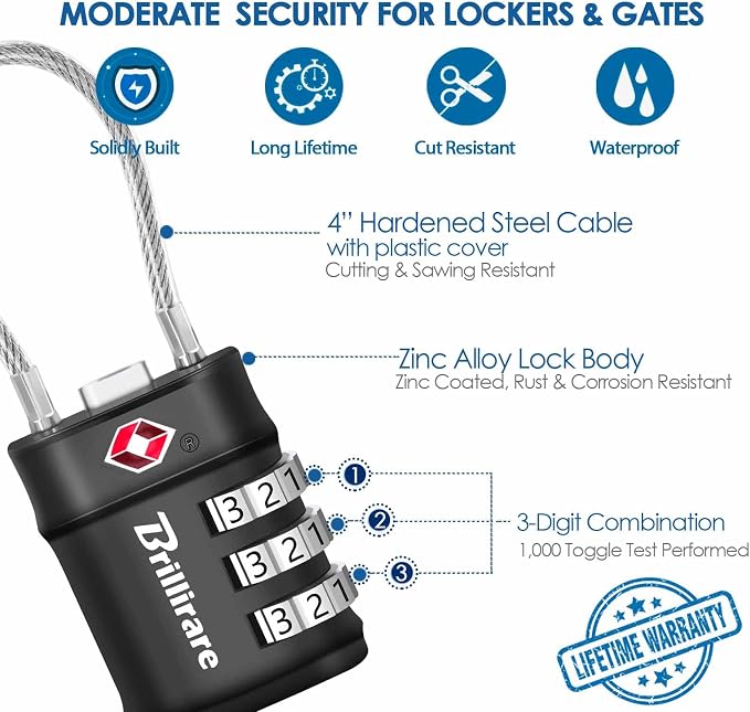 2 Pack TSA Approved Luggage Locks, Combination Travel Cable Lock, 3-Digit Waterproof Padlock, Zinc Alloy Outdoor Keyless Resettable Lock for Travel, Lockers, Bags, Backpack, Gym, Gate-by BRILLIRARE - Image 3