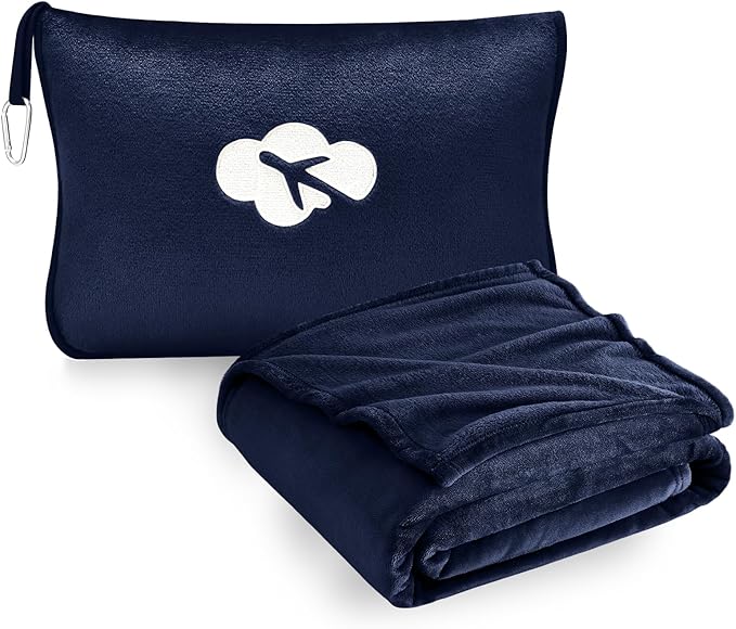 Travel Blanket and Pillow Compact, Premium Soft 2 in 1 Airplane Blanket with Soft Bag Pillowcase，Hand Luggage Sleeve and Backpack Clip (Navy) by JungleStar