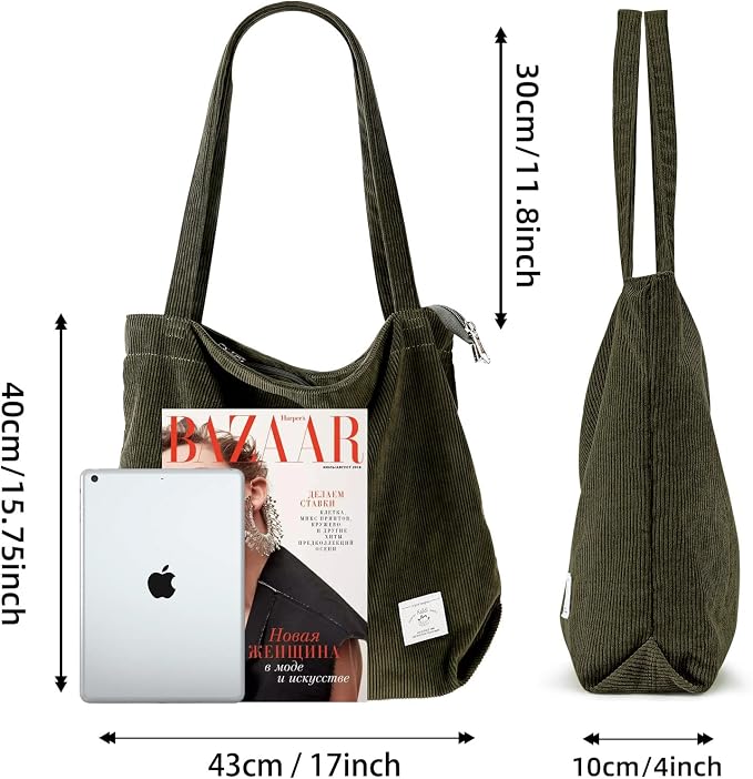 KALIDI Women Corduroy Tote Bag Zipper Casual Tote's Handbag Big Capacity Shoulder Bag with Pockets - Image 5