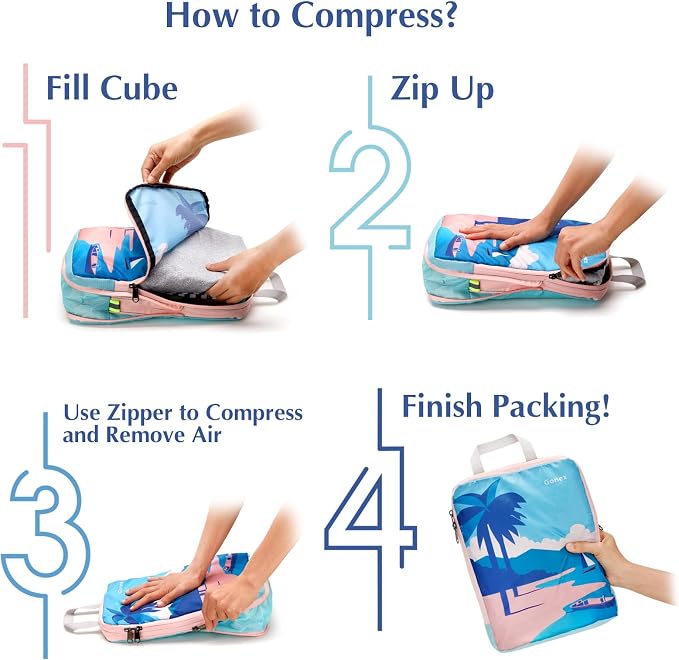 Gonex 4-Piece Compression Packing Cubes, Expandable Travel Organizers | Unique Printed Design, Ripstop Fabric, Double-Zip Compression, Carry-On Friendly, Lightweight - Image 6