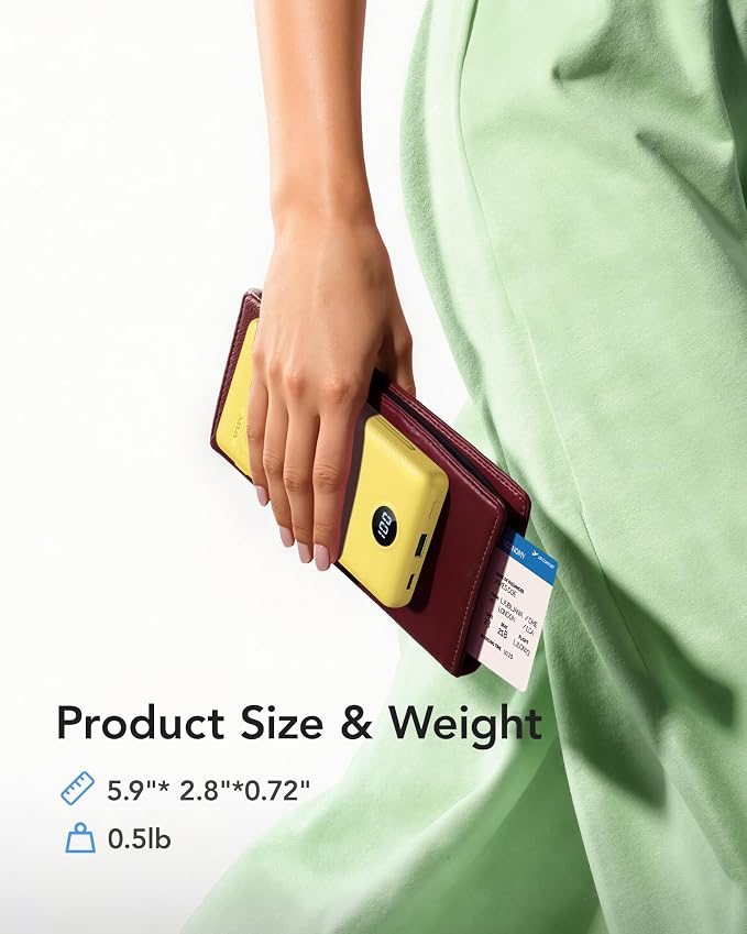 VRURC 10000mAh Power Bank, 22.5W USB C Portable Charger, Yellow | Built-in AC wall plug and cables, LED display, airline approved, slim 8 oz design - Image 5
