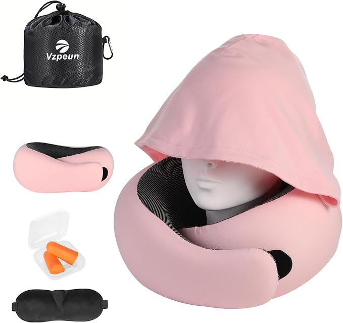 Travel Pillow - Hooded Neck Pillow Airplane Memory Foam Filling | for Plane, Office, Cars Sleeping, Road Trip, Long Flights Essentials, Includes Eye Mask & Earplugs (Pink) - Image 2
