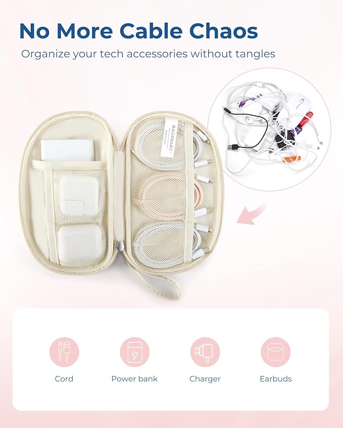 BAGSMART Electronics Organizer Travel Case for Cords Chargers Phones, Beige | Puffy Padded, Travel Essentials, Cord organizer bag for Cables, Compact Tech Accessories Pouch - Image 3