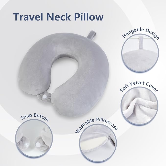Travel Pillow, Memory Foam Neck Pillow for Traveling, U Shape Airplane Portable Flight Pillow Adult Travel Neck Pillow for Plane Train Car Home Office - Grey - Image 3
