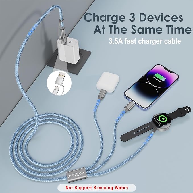 2Pack Travel Essentials,Multi Charging Cable for Apple Watch Charger Blue | 4FT for Airplane Gadgets RV Essentials for iWatch Ultra/10-2/iPhone 17-11/Samsung S25-S20,airPods,Car - Image 2