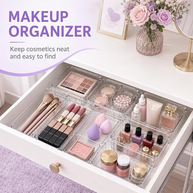 Clear Expandable Drawer Organizer Set, 16PCS Adjustable Drawer Organizers for Makeup, Cosmetics, Jewelry, Skincare, Bathroom, Kitchen & Dresser Storage, Transparent PET Drawer Storage Bins, 2 Sizes - Image 5