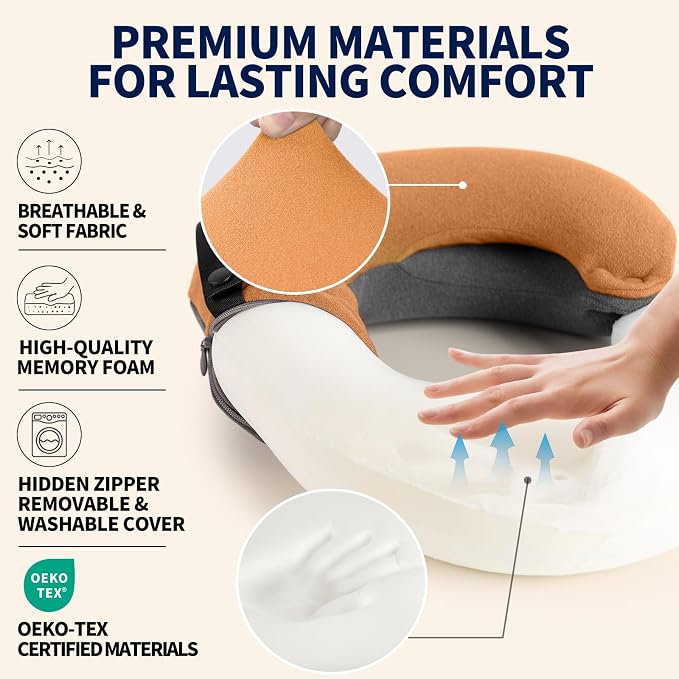 Kids Travel Pillows for Airplane, Memory Foam 360° Head Support Sleeping Essentials for Long Flight, Skin-Friendly Soft Neck Pillow for Traveling in Car Seat, (Small, Orange Grey, 40-90 lbs) - Image 4