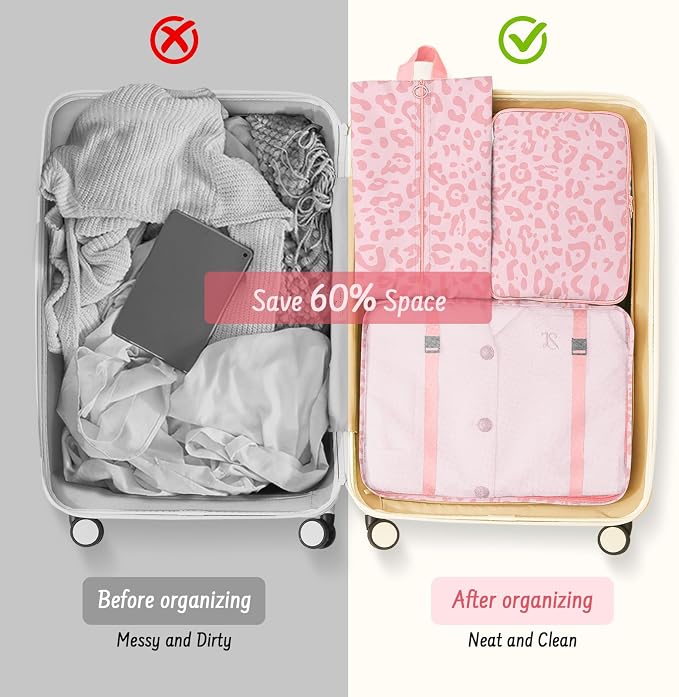 9 Set Packing Cubes for Travel Essentials - Lightweight Carry-On Luggage Organizer Bags with Shoe, Clothes & Laundry Bags for Airplane, Family & Business Travel, Pink leopard print - Image 8