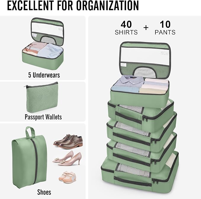 Veken 10 Set Packing Cubes for Travel Essentials,Anti-Wrinkle Buckled Suitcase Organizer for Shoe & Toiletry Bag,Carry On Luggage Bag with 99+ Count Mesh Holes for Airplane & College Dorm Accessories - Image 6