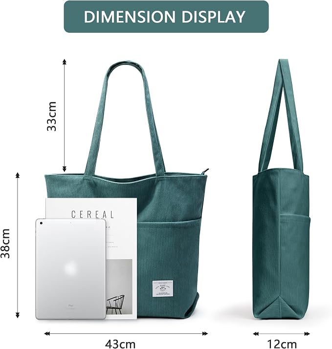 KALIDI Women Corduroy Tote Bag Zipper Casual Tote's Handbag Big Capacity Shoulder Bag with Pockets - Image 6
