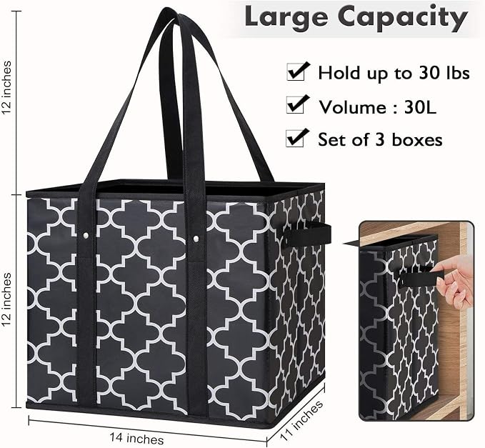 WISELIFE Reusable Grocery Bags 3-Pack Foldable Washable Large Storage Bins Basket Water Resistant Shopping Tote Bag Black | Water Resistant Shopping Tote Bag Bins - Image 3