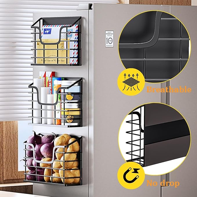 Magnetic Shelf for Fridge, 3 Pack Metal Fridge Organizer Baskets, Magnetic Cup Holder for Refrigerator, Fruit & Snack Storage, Magnetic Bin for Potatoes, Letters, Magazines, Kitchen & Laundry Room - Image 6
