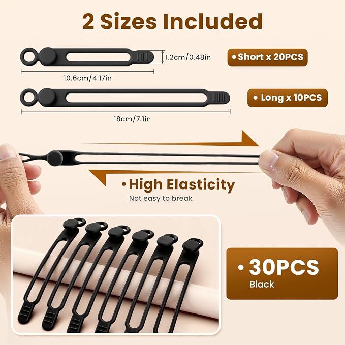 30 Pcs Silicone Cable Ties, Reusable Data Cable Organizer for Home Office | High Elastic, Multipurpose, Cable Management for Charging Cord, Electronics, Computer, Appliances, Travel Essentials - Image 2