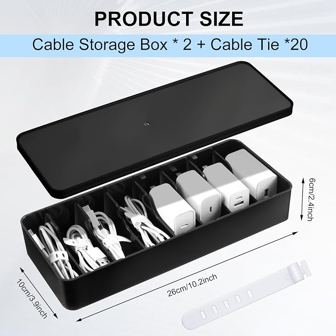 Tatuo 2 Pcs Cord Organizer for Drawer Desktop, Cable Organizer Box with 8 Compartments and Wire Ties, Plastic Charger Storage with Lid, Electronics Case for Home Office Accessories (Small,Black) - Image 2