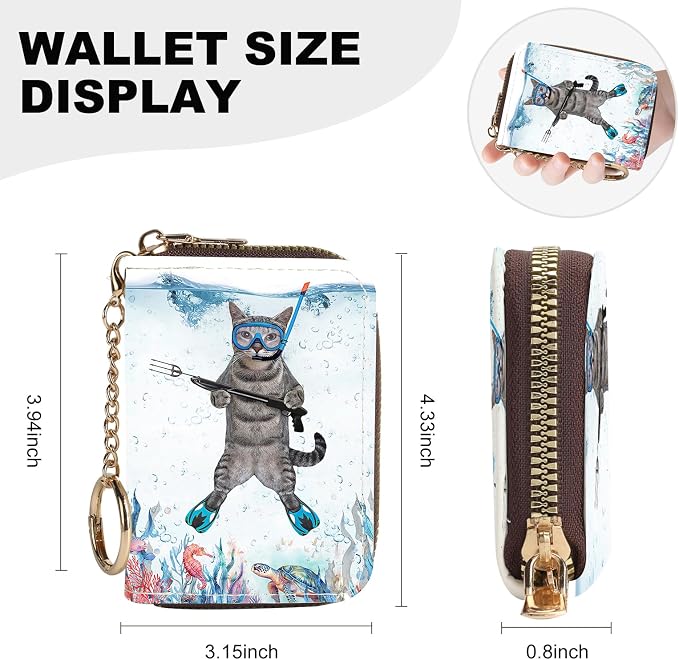 Credit Card Holder for Women,Small Rfid Wallet with Keychain Zipper,Cute PU Leather Card Case Wallet，Accordion Credit Card Wallets Gift,Diving Cat - Image 4