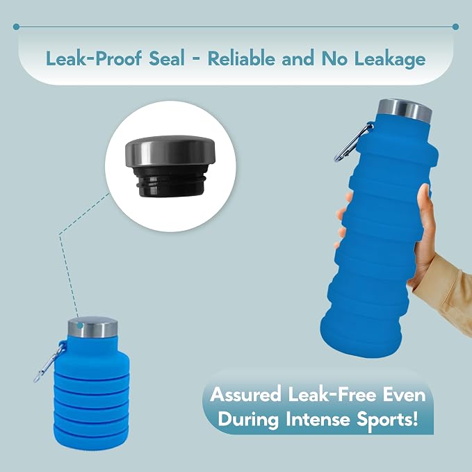 Collapsible Water Bottles 12oz, Odorless BPA-Free Silicone, Leak-Proof Foldable Reusable Bottle - Perfect for Travel Sports Gym Hiking Camping Cycling - Light Blue - Image 4