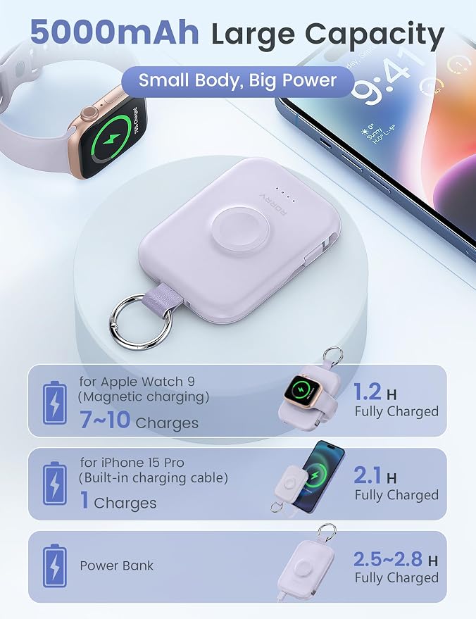 RORRY CharmGo Portable Charger, 5000mAh Portable Charger Power Bank | Built-in Cables,Travel Keychain Battery Pack Essentions for Apple Watch 1~11 Series/Ultra/SE & iPhone Air/17/16/15/14/13/12 - Image 3