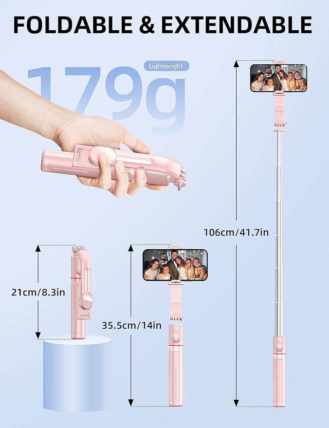 41'' Tripod for Phone, Extendable Selfie Stick with Wireless Remote, Aluminum Cell Phone Tripod Stand 360°Rotate Lightweight & Portable Compatible with iPhone/Android (Pink) - Image 6