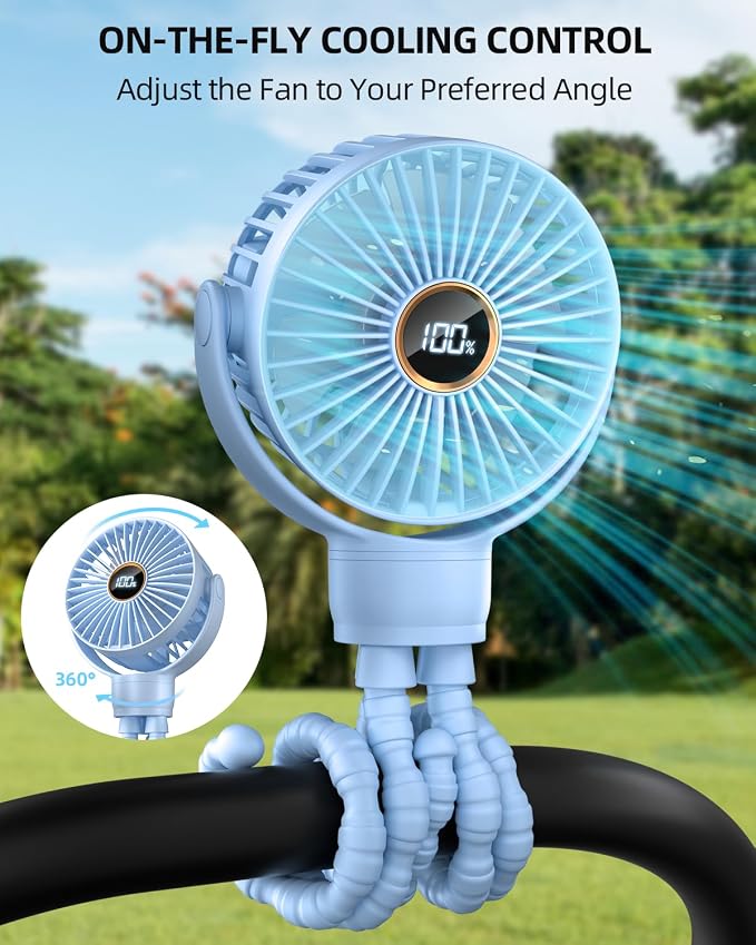 buywoo Portable Stroller Mini Fan, Small Rechargeable Personal Fan, Travel Essentials for Baby, Wagon, Car Seat, Treadmill, Battery Powered Biking Gear Accessories, 360° Rotation, 3-Speed, Display - Image 2