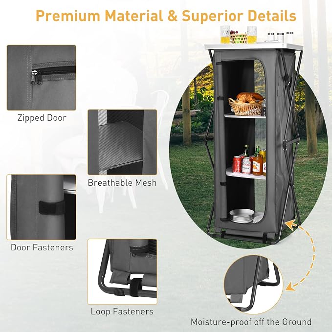 Goplus Folding Camping Storage Cabinet, Pop Up Outdoor Camping Kitchen Station with Large 3-Tier Storage Organizer, Carry Bag, Easy Set Up Portable Compact Camping Table for BBQ Picnic Backyard (55'') - Image 6