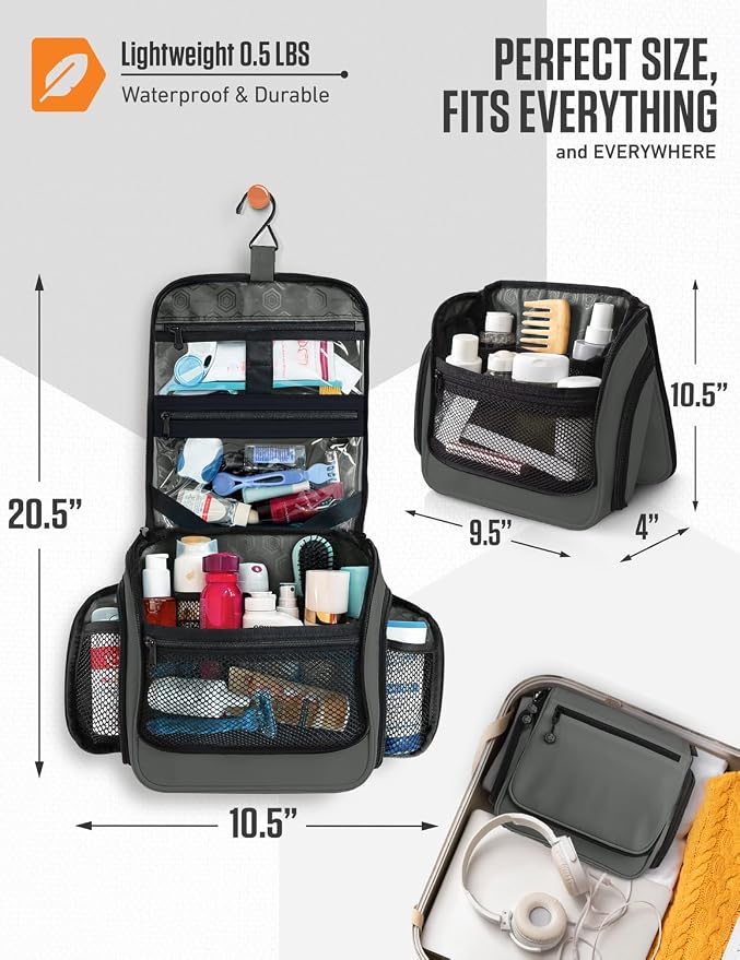 VENTURE 4TH Hanging Travel Toiletry Bag, 18 Compartments - Shadow Gray | Hangs on rails, hooks or doors; stands upright. Removable TSA pouch. Water-resistant Nylon 290D Twill, reinforced stitching. - Image 2