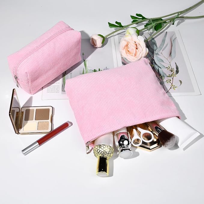 SOIDRAM 2 Pieces Makeup Bag Large Corduroy Cosmetic Bag Capacity Canvas Mix Travel Toiletry Bag Organizer Cute Makeup Brushes Aesthetic Accessories Storage Bag for Women,Corduroy Mix Hot Pink - Image 6