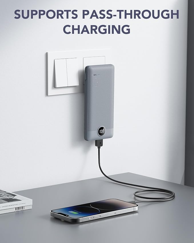 VRURC Portable Charger Built-in Cables and AC Wall Plug, USB C Power Bank 10000mAh, Travel Battery Portable Phone Charger Compact Lightweight External Battery Pack for Smart Phones, Tablets etc-Grey - Image 3