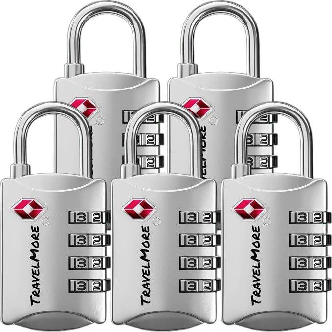 Luggage Locks TSA Approved, 4-Digit Travel Combination Locks | TSA Accepted, Easy to Use, Compact, Lightweight, Durable, Zinc Alloy Body, for Suitcases, Backpacks, Zippers, 5-Pack, Silver by TravelMore